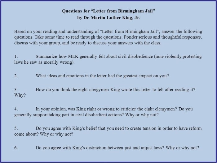 Letter from birmingham jail comprehension questions answers